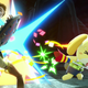 Animal Crossing's Isabelle attacks Link from the Legend of Zelda with a party popper.